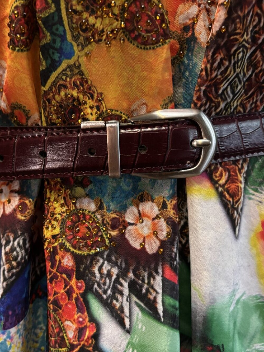 Burgundy Faux Croc Embossed Belt Womens 40” Wine Red Silver Buckle